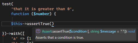 Pest Test Code Completion