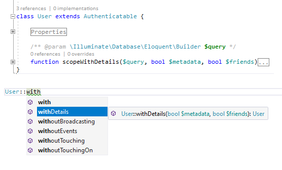 eloquent local scopes IntelliSense